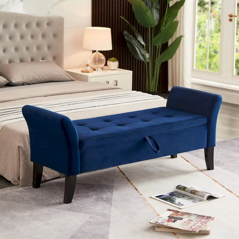 Bed Storage Bench with Curved Arms and Solid Wooden Legs