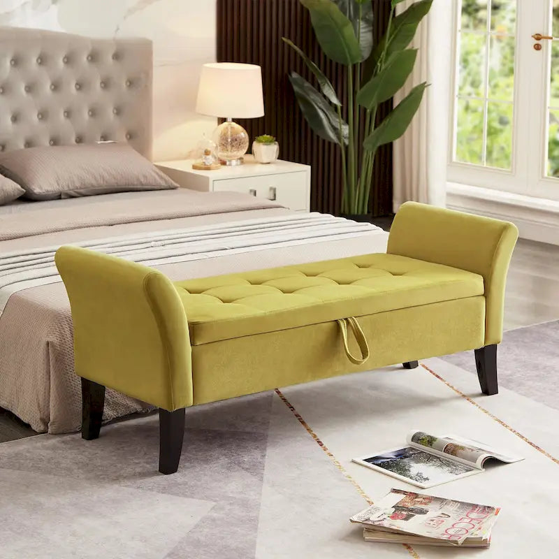 Bed Storage Bench with Curved Arms and Solid Wooden Legs
