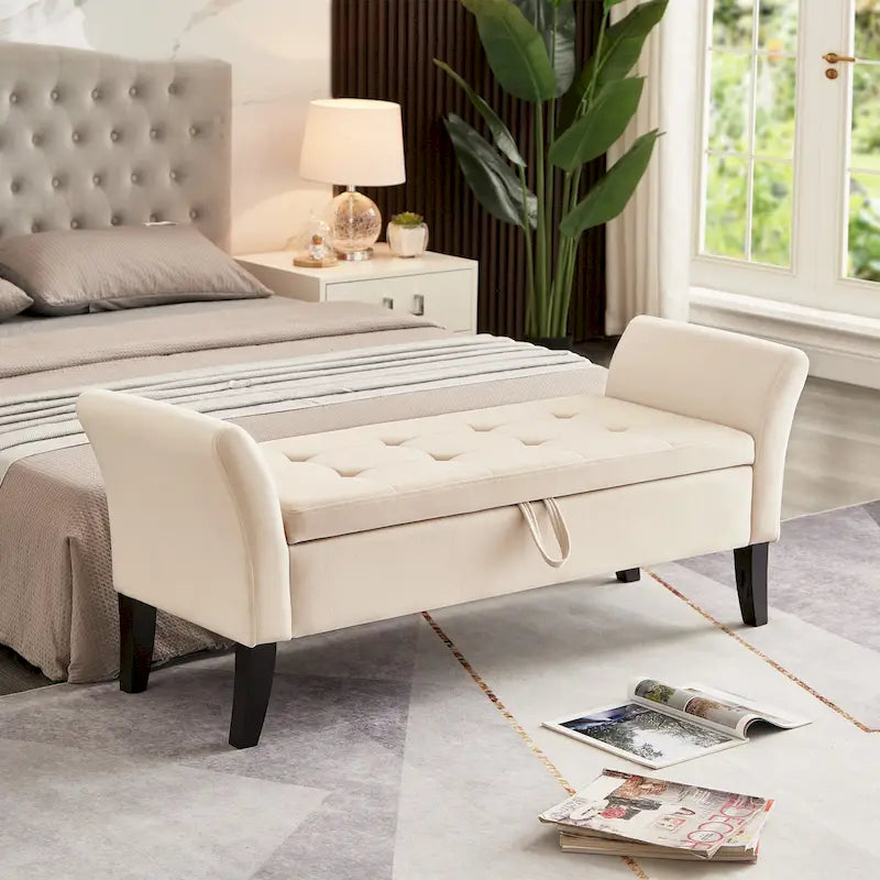 Bed Storage Bench with Curved Arms and Solid Wooden Legs