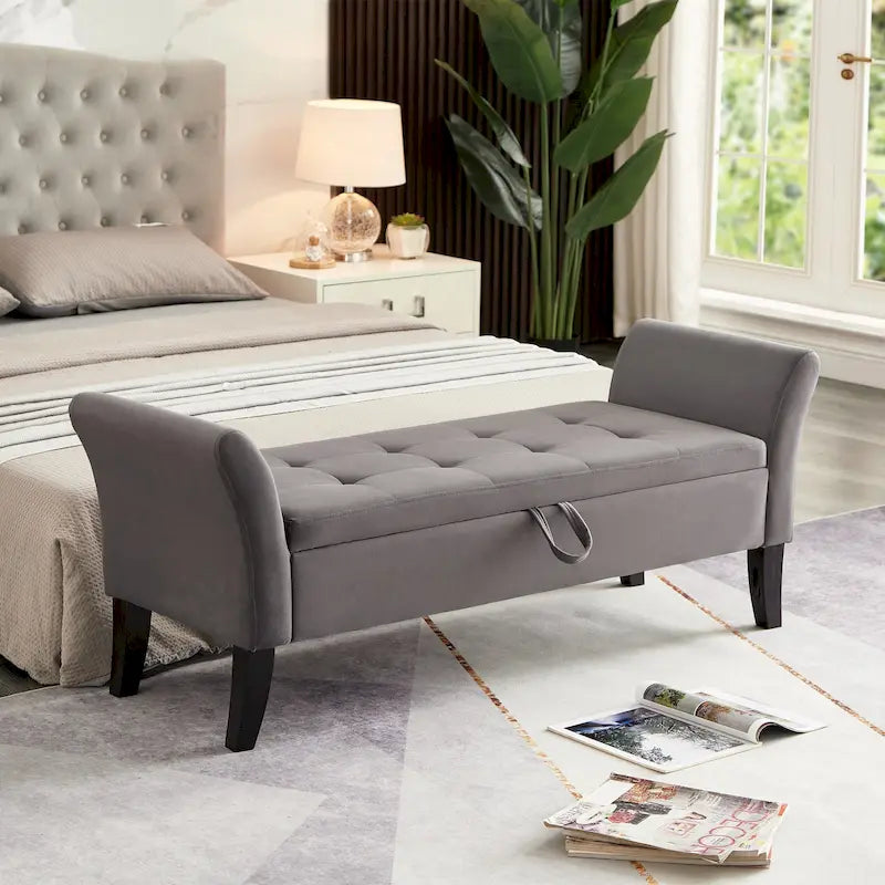 Bed Storage Bench with Curved Arms and Solid Wooden Legs