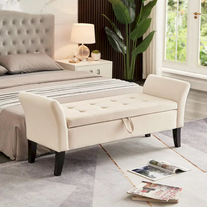 Bed Storage Bench with Curved Arms and Solid Wooden Legs