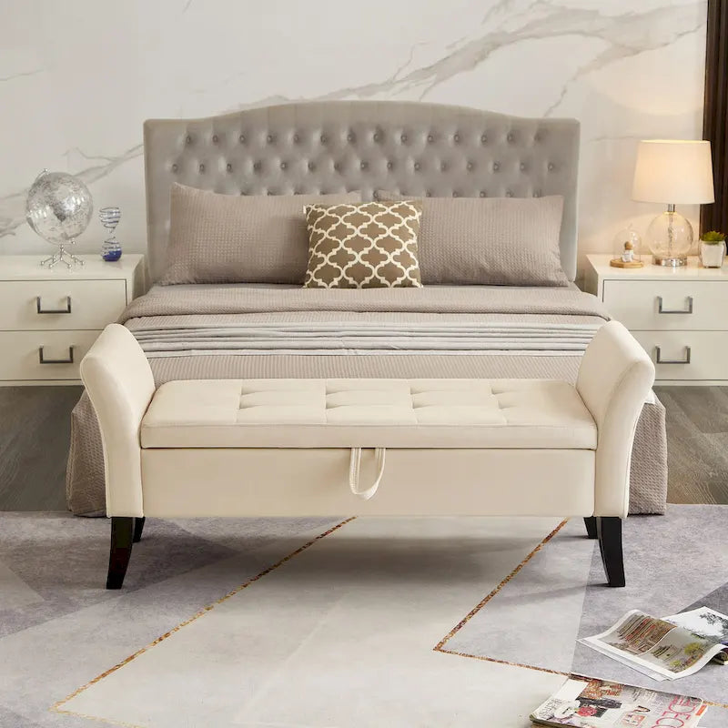 Bed Storage Bench with Curved Arms and Solid Wooden Legs