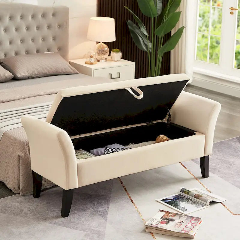 Bed Storage Bench with Curved Arms and Solid Wooden Legs