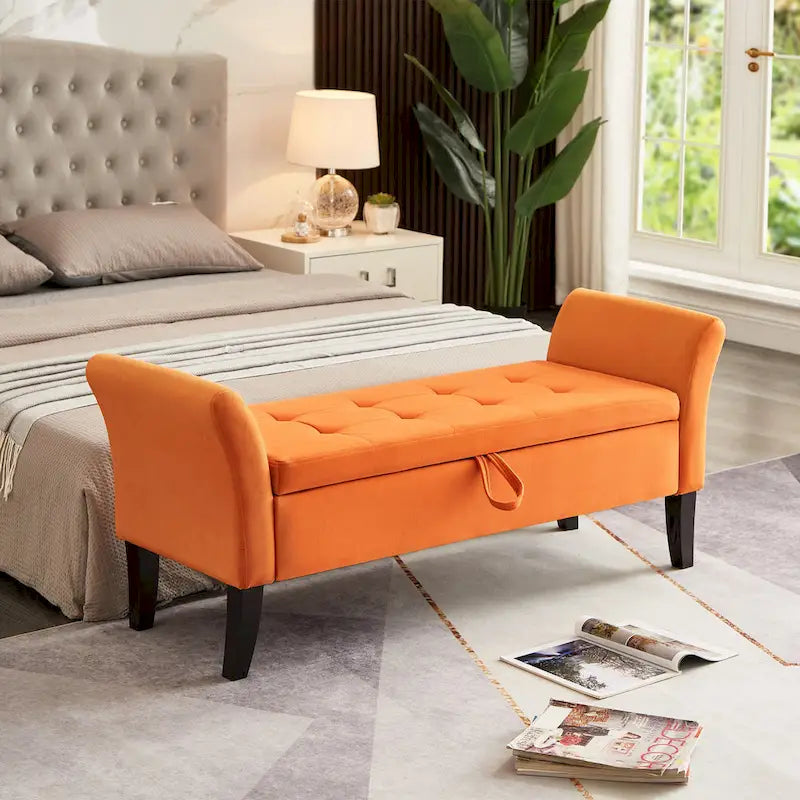 Bed Storage Bench with Curved Arms and Solid Wooden Legs