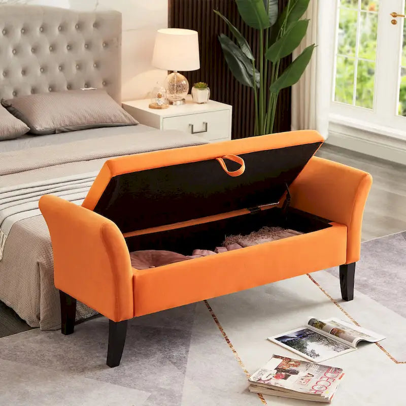 Bed Storage Bench with Curved Arms and Solid Wooden Legs