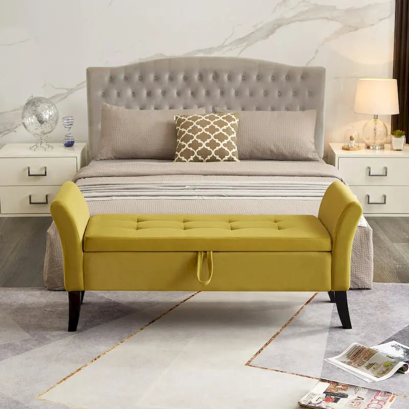 Bed Storage Bench with Curved Arms and Solid Wooden Legs