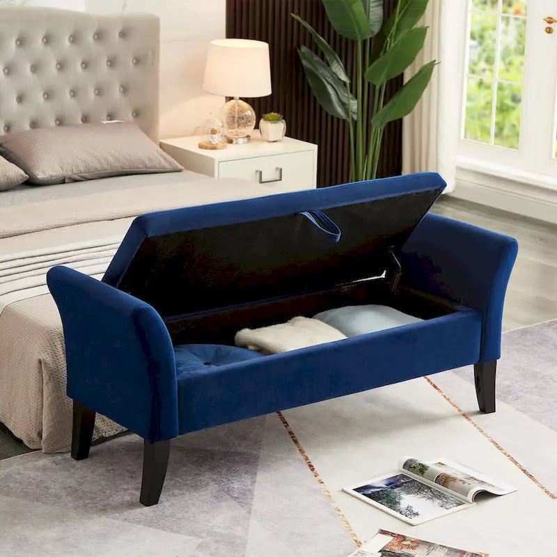Bed Storage Bench with Curved Arms and Solid Wooden Legs