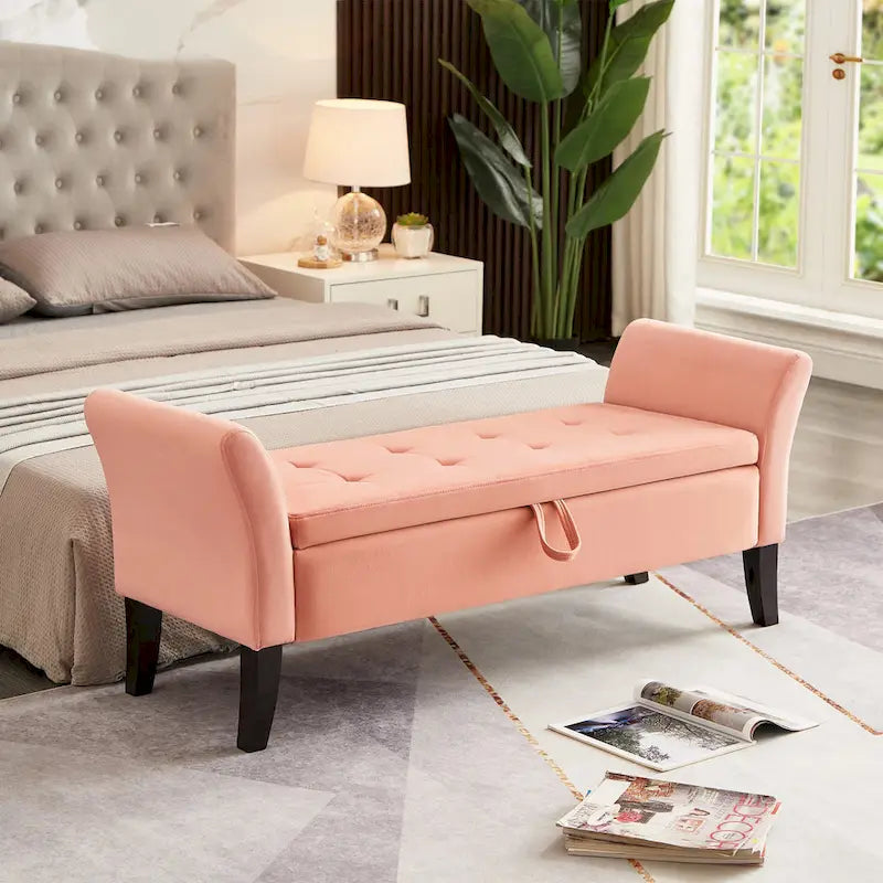 Bed Storage Bench with Curved Arms and Solid Wooden Legs