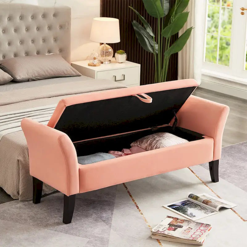 Bed Storage Bench with Curved Arms and Solid Wooden Legs