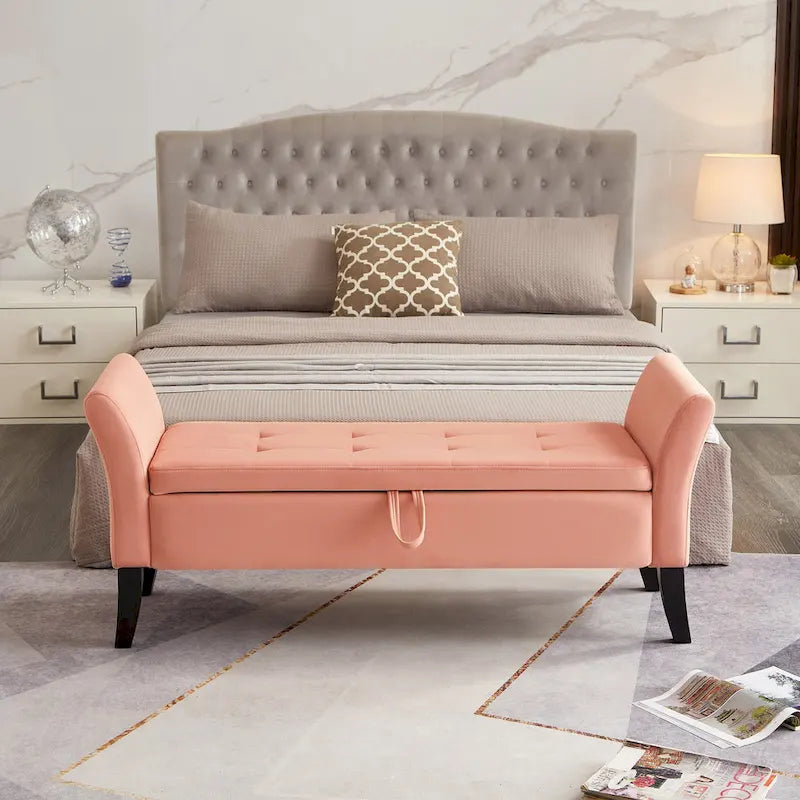 Bed Storage Bench with Curved Arms and Solid Wooden Legs