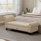 64.5  Bench for Bed Room Nails Tufted Chaise of Lounge with Storage Velvet Upholstery Khaki