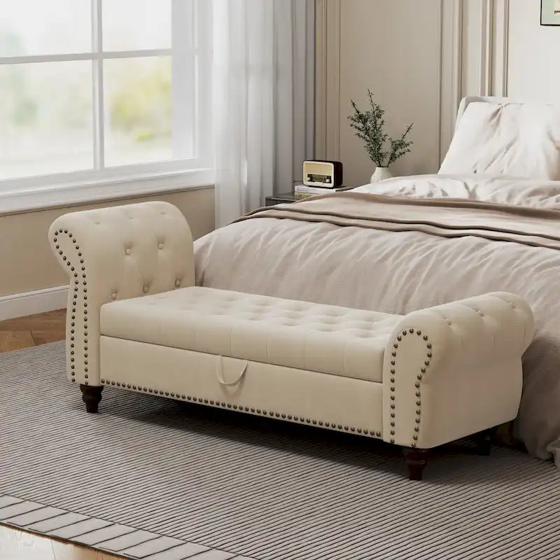 64.5  Bench for Bed Room Nails Tufted Chaise of Lounge with Storage Velvet Upholstery Khaki