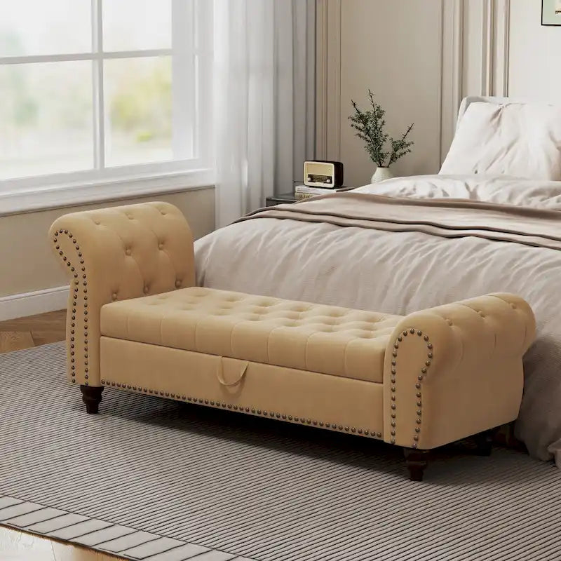 64.5  Bench for Bed Room Nails Tufted Chaise of Lounge with Storage Velvet Upholstery Khaki