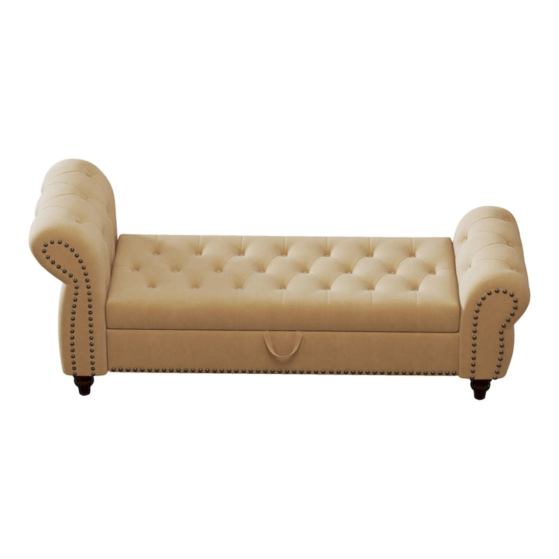 64.5  Bench for Bed Room Nails Tufted Chaise of Lounge with Storage Velvet Upholstery Khaki