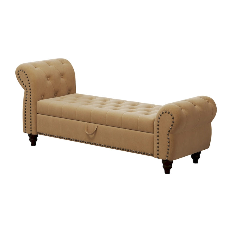 64.5  Bench for Bed Room Nails Tufted Chaise of Lounge with Storage Velvet Upholstery Khaki