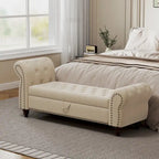 64.5  Bench for Bed Room Nails Tufted Chaise of Lounge with Storage Velvet Upholstery Khaki