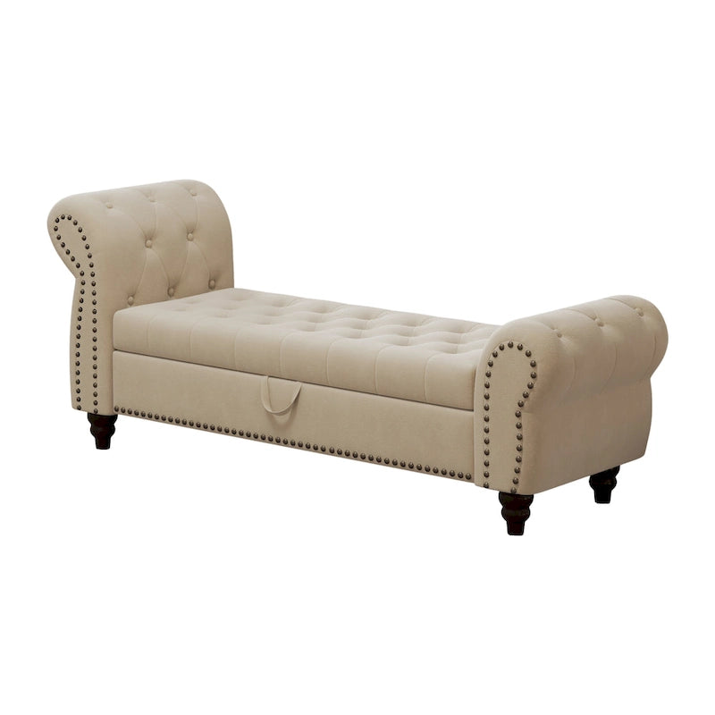 64.5  Bench for Bed Room Nails Tufted Chaise of Lounge with Storage Velvet Upholstery Khaki
