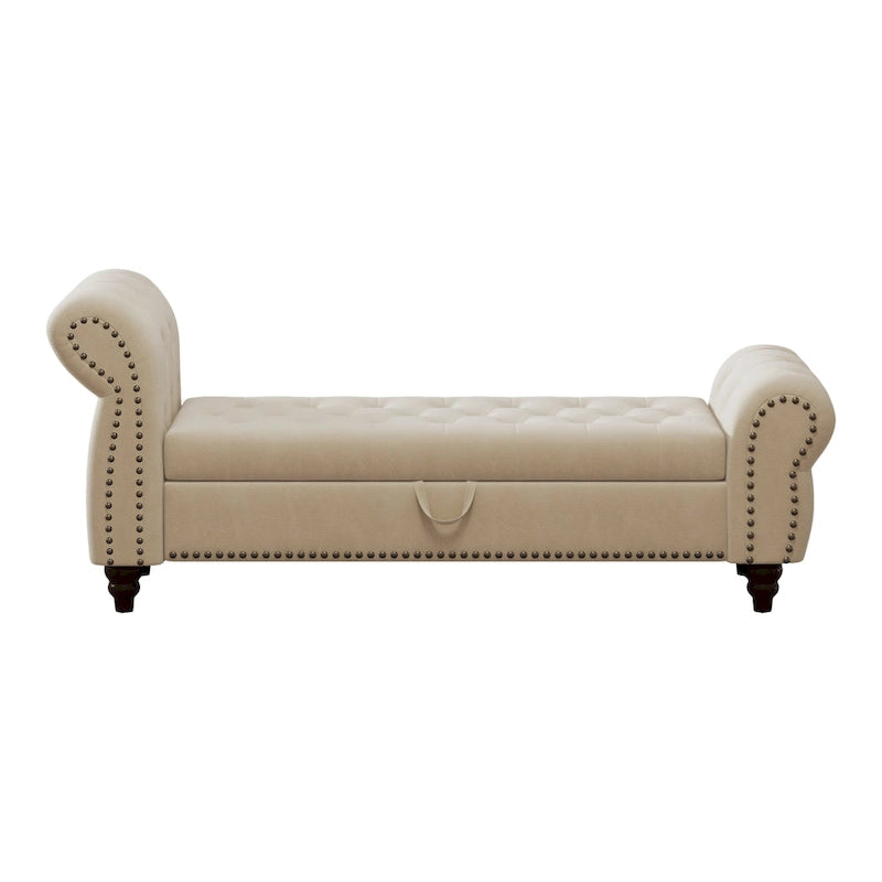 64.5  Bench for Bed Room Nails Tufted Chaise of Lounge with Storage Velvet Upholstery Khaki