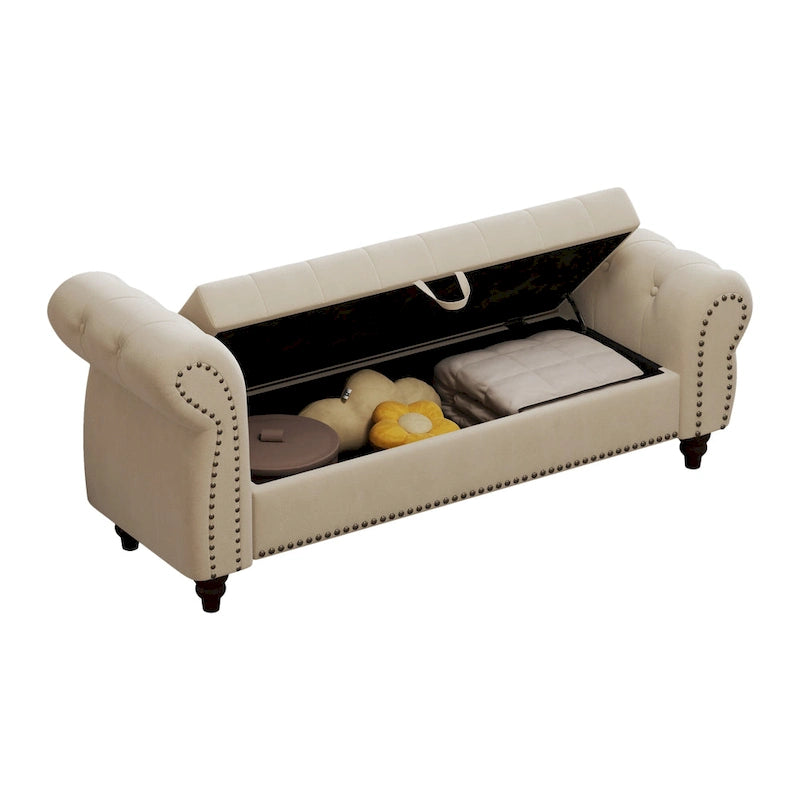 64.5  Bench for Bed Room Nails Tufted Chaise of Lounge with Storage Velvet Upholstery Khaki