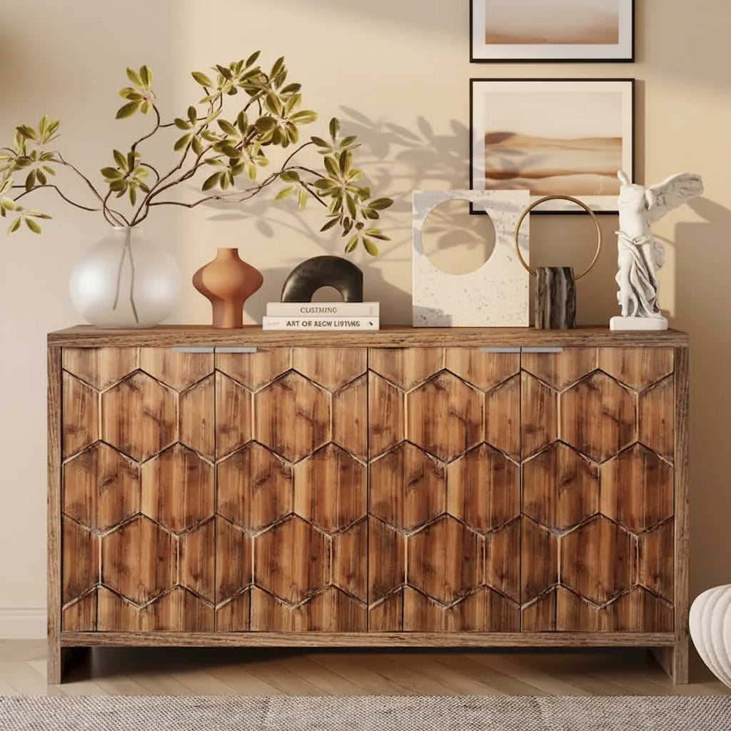 Accent Cabinet Farmhouse Style 4 Door Wooden Cabinet Sideboard Buffet Server Cabinet Storage Cabinet