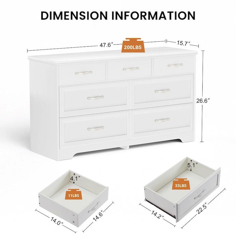 Modern 3 Drawer Bedroom Chest of Drawers with 7 Drawers Dresser, Clothes Organizer -Metal Pulls