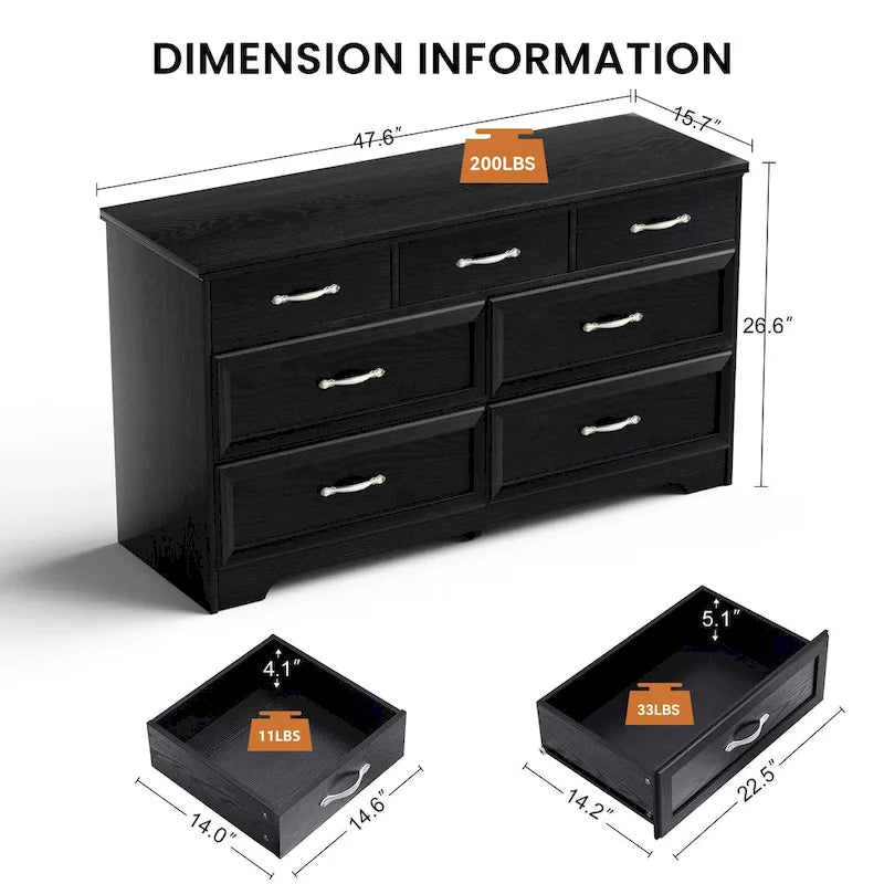 Modern 3 Drawer Bedroom Chest of Drawers with 7 Drawers Dresser, Clothes Organizer -Metal Pulls