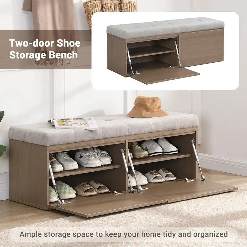 49  Shoe Storage Bench Entryway Shoe Cabinet with Cushion and Double Doors