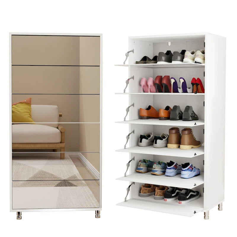 Mirror Shoe Cabinet With 6 Flip Drawers,Shoe Rack Organizer Store Ample Shoes,4 Metal Legs,Hand-Touch Flip-Out Door
