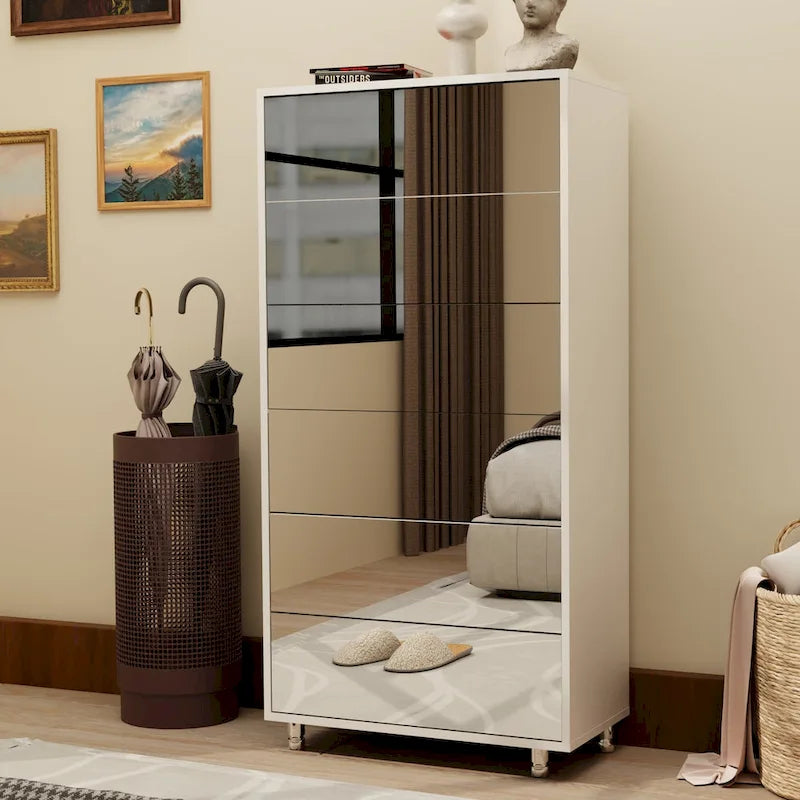 Mirror Shoe Cabinet With 6 Flip Drawers,Shoe Rack Organizer Store Ample Shoes,4 Metal Legs,Hand-Touch Flip-Out Door