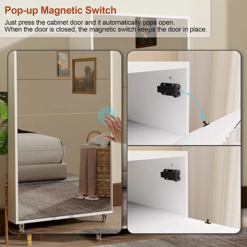 Mirror Shoe Cabinet With 6 Flip Drawers,Shoe Rack Organizer Store Ample Shoes,4 Metal Legs,Hand-Touch Flip-Out Door