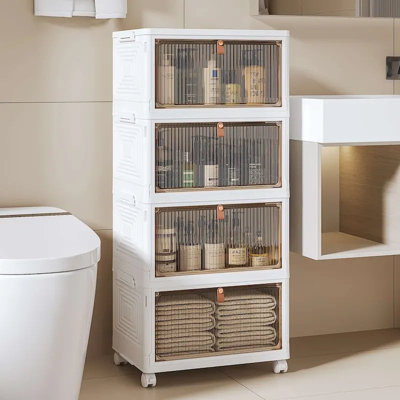 Javlergo 4 Tier Bathroom Storage Cabinet Storage Bins with Lid Stackable Storage Boxes Foldable Storage Organizers