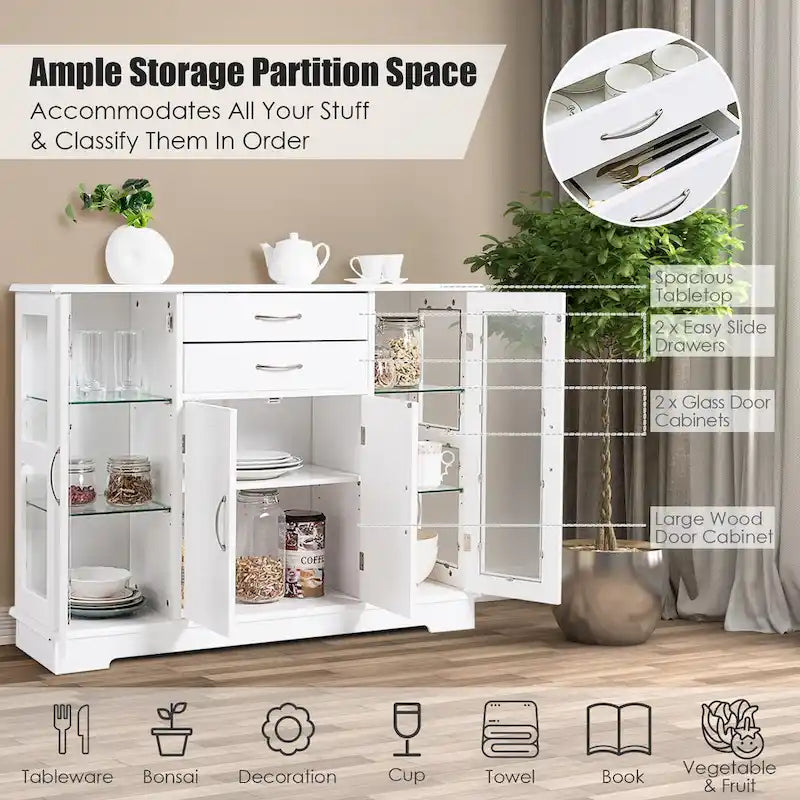 Costway Buffet Storage Cabinet Console Cupboard W/Glass Door Drawers