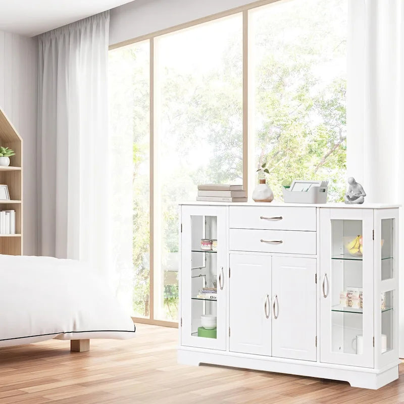 Costway Buffet Storage Cabinet Console Cupboard W/Glass Door Drawers
