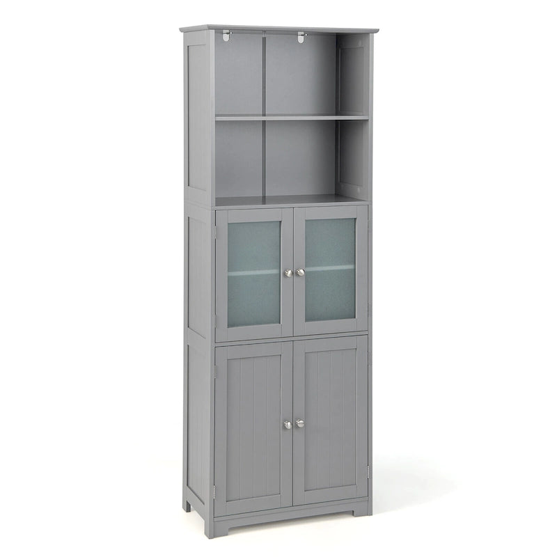 Gymax Bathroom Tall Storage Cabinet Linen Tower w/ Glass Door &