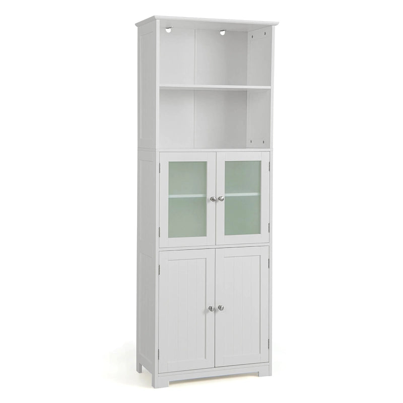 Gymax Bathroom Tall Storage Cabinet Linen Tower w/ Glass Door &