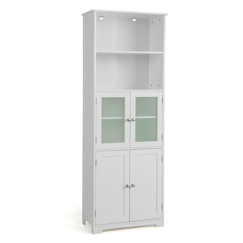 Gymax Bathroom Tall Storage Cabinet Linen Tower w/ Glass Door &