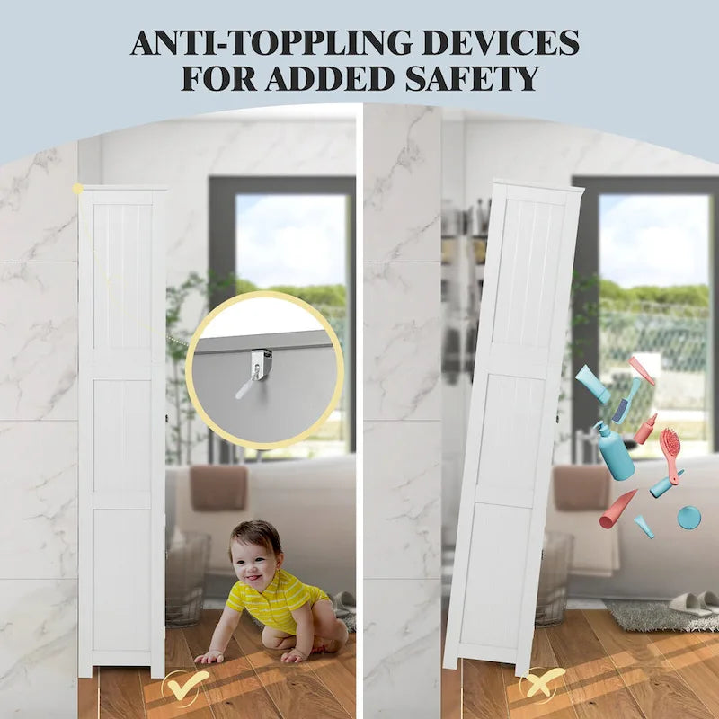 Gymax Bathroom Tall Storage Cabinet Linen Tower w/ Glass Door &