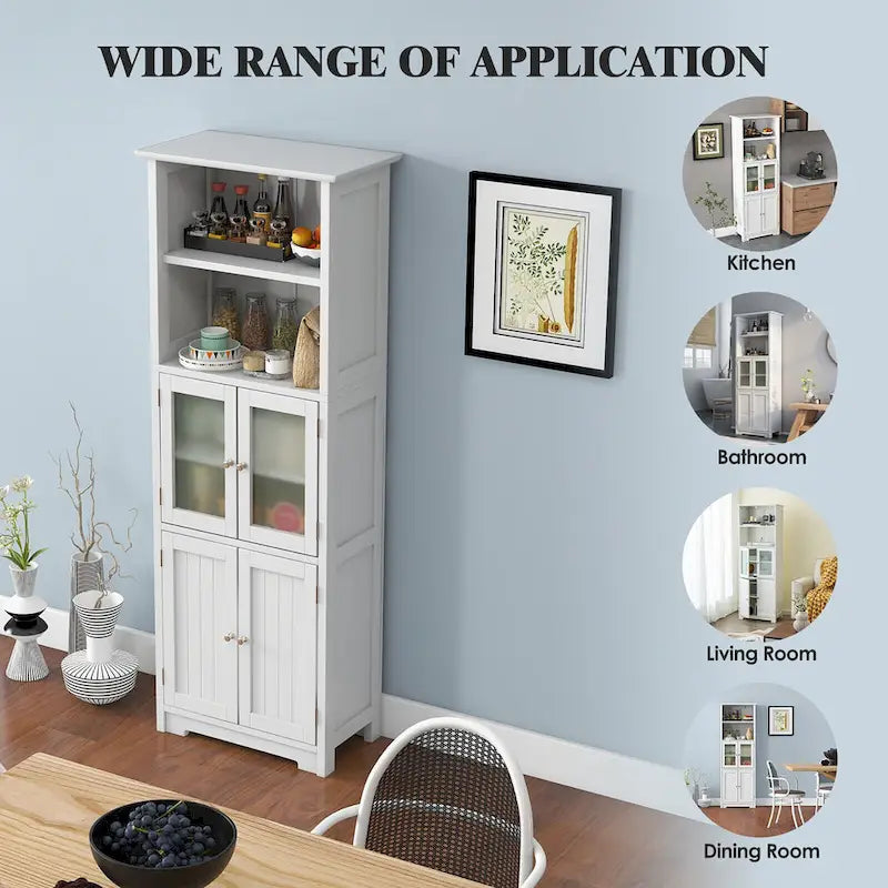 Gymax Bathroom Tall Storage Cabinet Linen Tower w/ Glass Door &