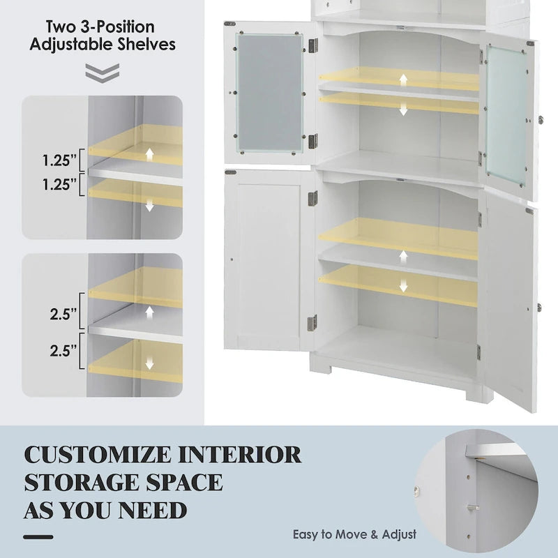 Gymax Bathroom Tall Storage Cabinet Linen Tower w/ Glass Door &