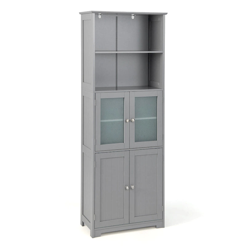 Gymax Bathroom Tall Storage Cabinet Linen Tower w/ Glass Door &