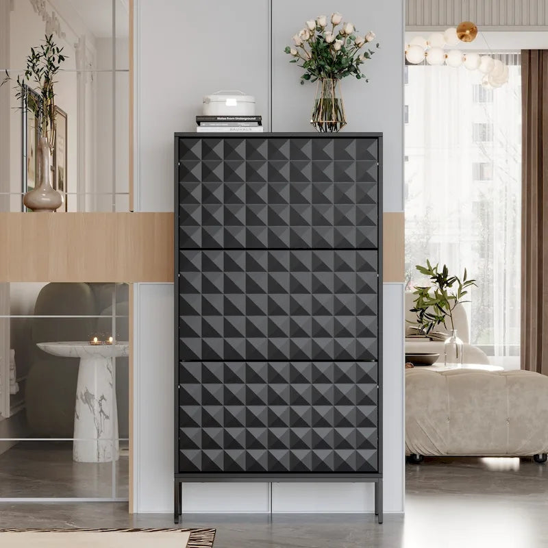Contemporary Black Shoe Storage Cabinet with Hidden Drop-Down Racks Vertical Organizer