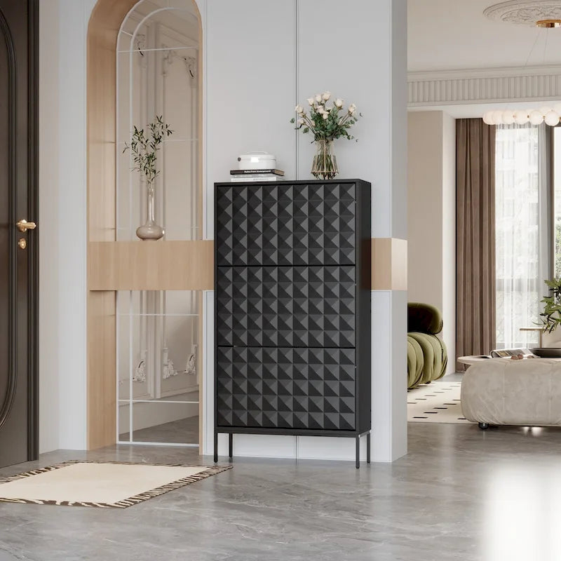 Contemporary Black Shoe Storage Cabinet with Hidden Drop-Down Racks Vertical Organizer