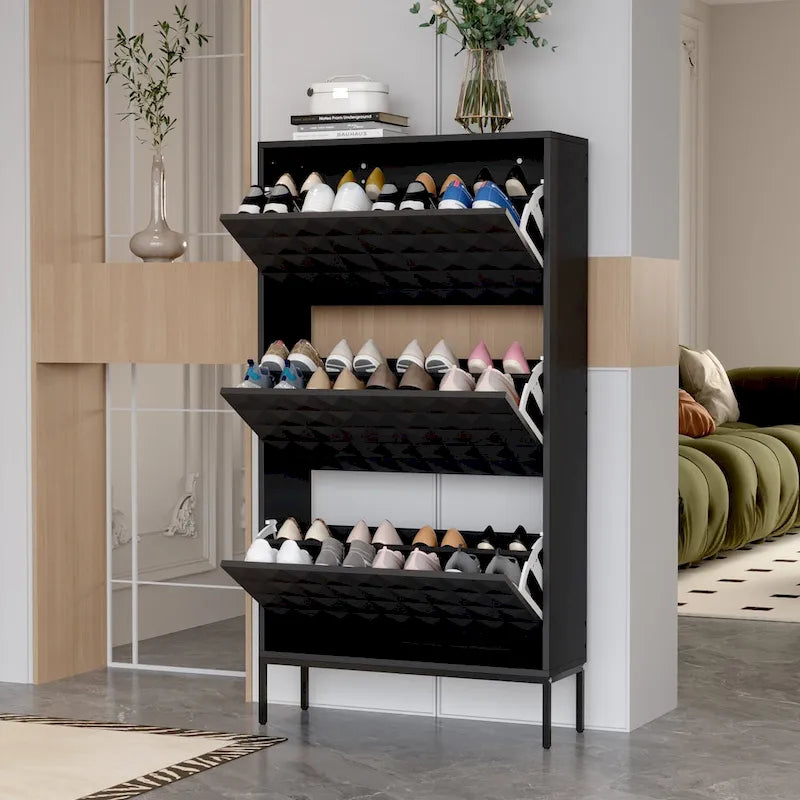 Contemporary Black Shoe Storage Cabinet with Hidden Drop-Down Racks Vertical Organizer