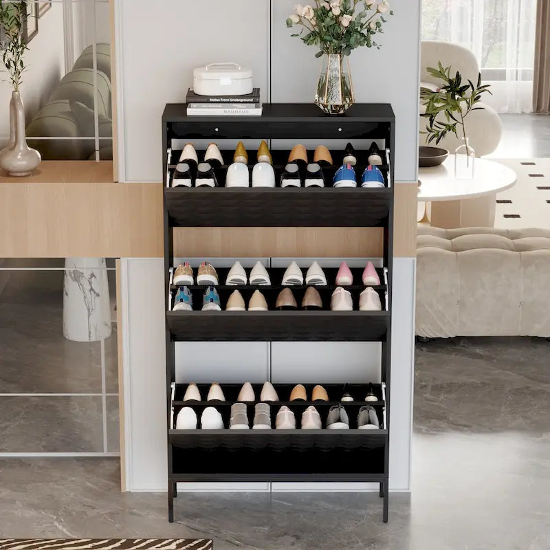 Contemporary Black Shoe Storage Cabinet with Hidden Drop-Down Racks Vertical Organizer