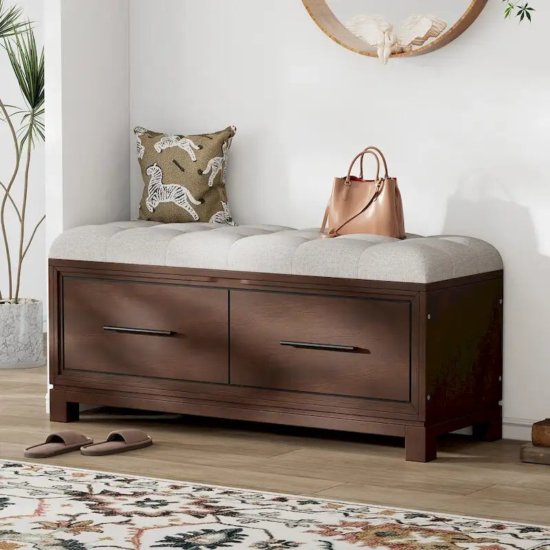 Storage Bench with Cushion - Entryway Shoe Organizer, Pine Wood, 350 LBS Capacity, Removable Cushion, Hidden Storage for Living Room Hallway