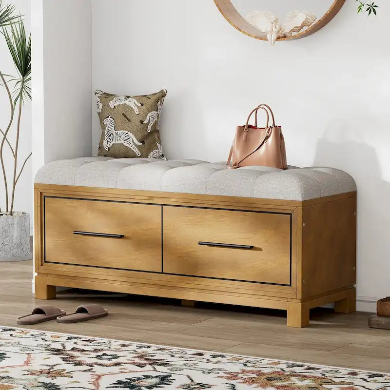 Storage Bench with Cushion - Entryway Shoe Organizer, Pine Wood, 350 LBS Capacity, Removable Cushion, Hidden Storage for Living Room Hallway