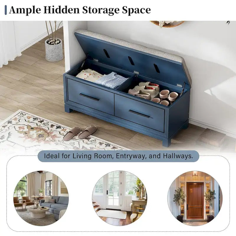 Storage Bench with Cushion - Entryway Shoe Organizer, Pine Wood, 350 LBS Capacity, Removable Cushion, Hidden Storage for Living Room Hallway