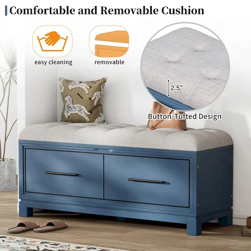 Storage Bench with Cushion - Entryway Shoe Organizer, Pine Wood, 350 LBS Capacity, Removable Cushion, Hidden Storage for Living Room Hallway