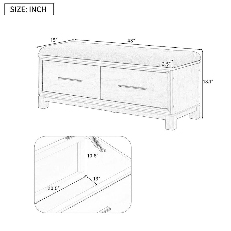 Storage Bench with Cushion - Entryway Shoe Organizer, Pine Wood, 350 LBS Capacity, Removable Cushion, Hidden Storage for Living Room Hallway