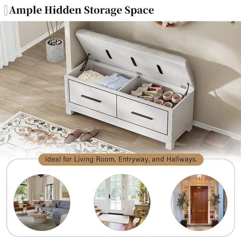 Storage Bench with Cushion - Entryway Shoe Organizer, Pine Wood, 350 LBS Capacity, Removable Cushion, Hidden Storage for Living Room Hallway